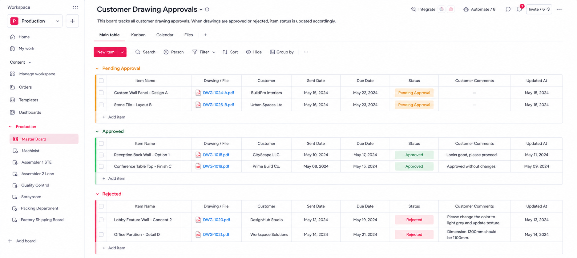 Automated customer order approval workflow on monday.com