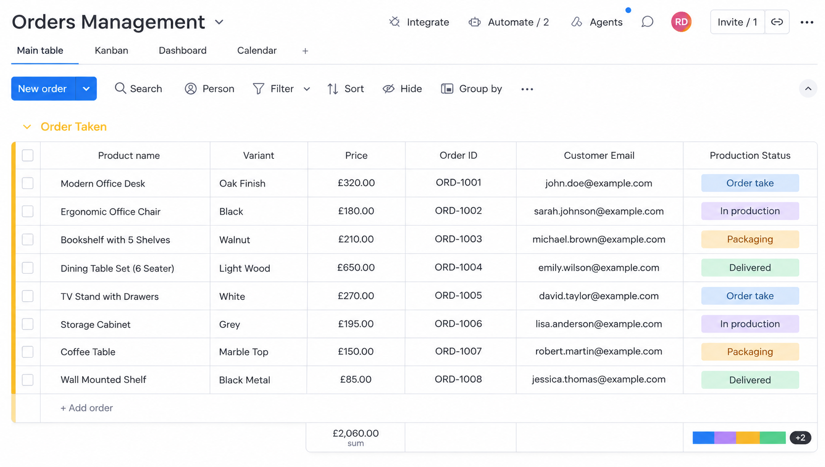 monday.com order management board for Shopify orders